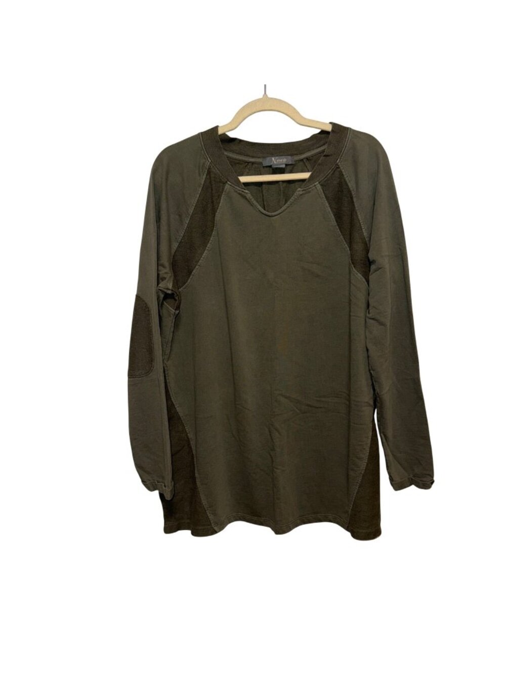 Natural Reflections Olive Green Long Sleeve Sweater Contrast Panels Size XL